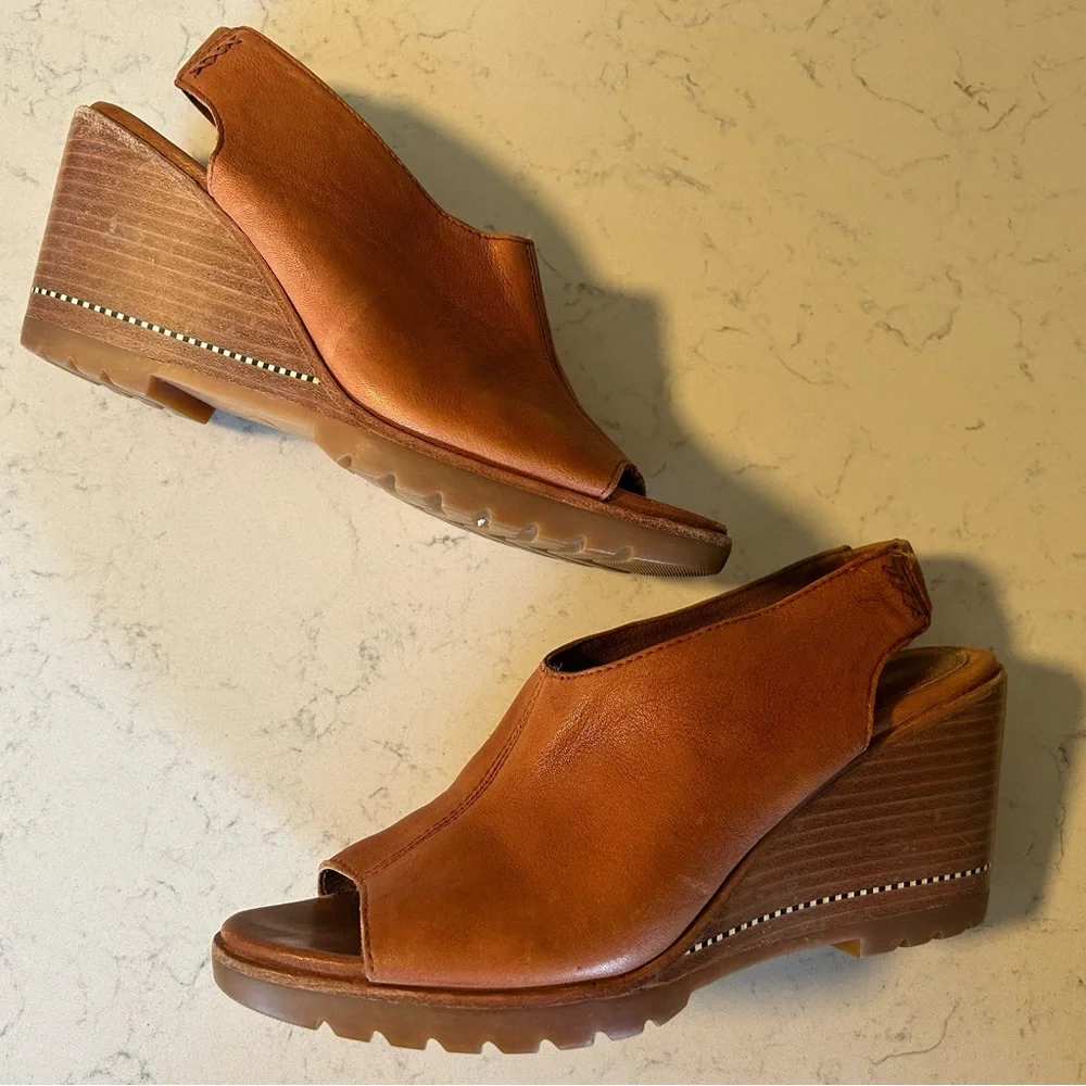 Sorel Nadia Camel Brown Leather Slingbacks Wedge Heeled Sandals - Picture 14 of 16